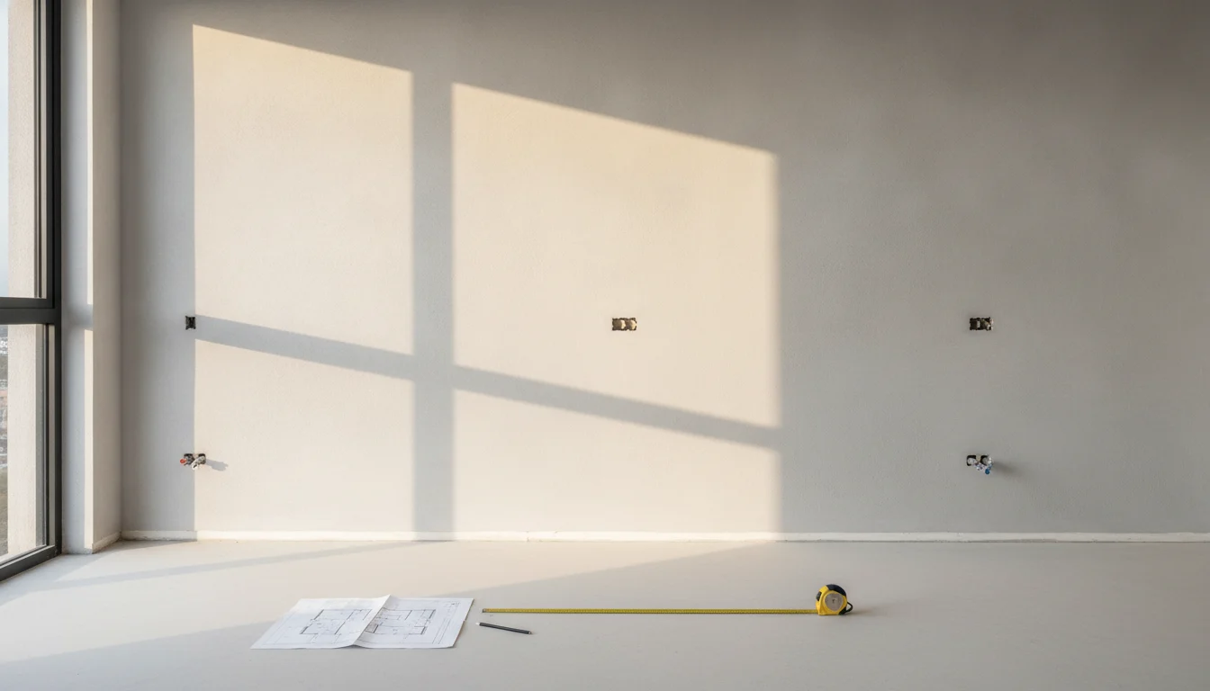Apartamento em obra com a parede vazia, fita métrica aberta e planta impressa no chão (imagem ilustrativa)