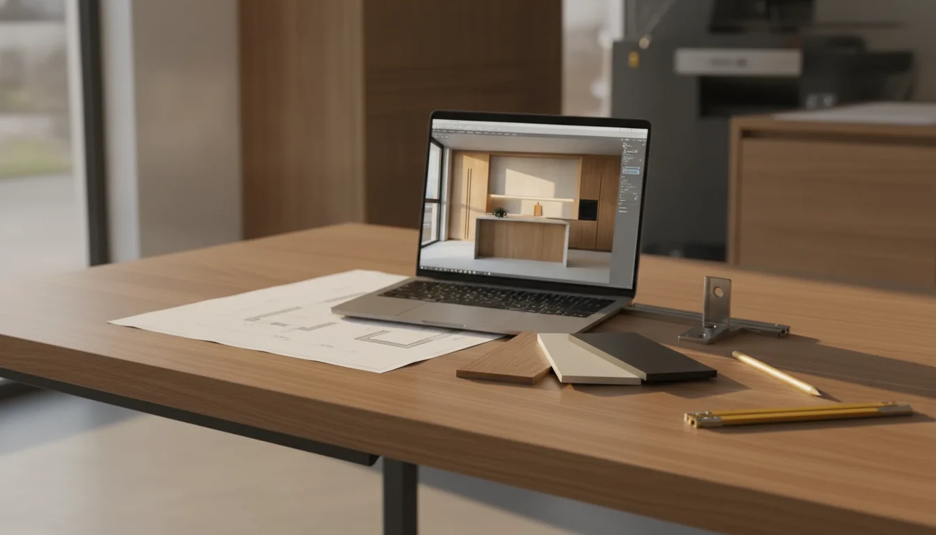 Notebook aberto sobre a mesa mostrando a cozinha em 3D, com amostras de chapa ao lado (imagem ilustrativa)