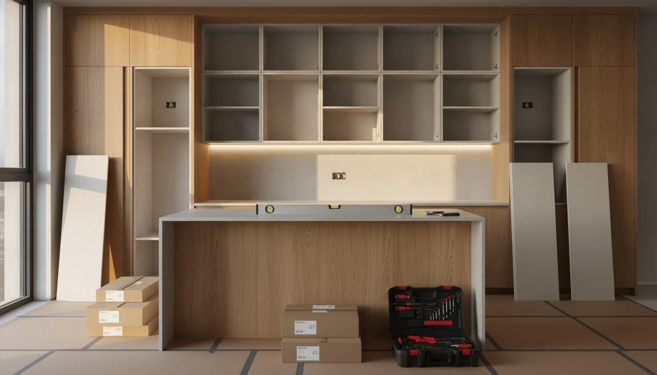 O mesmo apartamento com a cozinha meio montada, piso coberto com papelão e caixas etiquetadas (imagem ilustrativa)