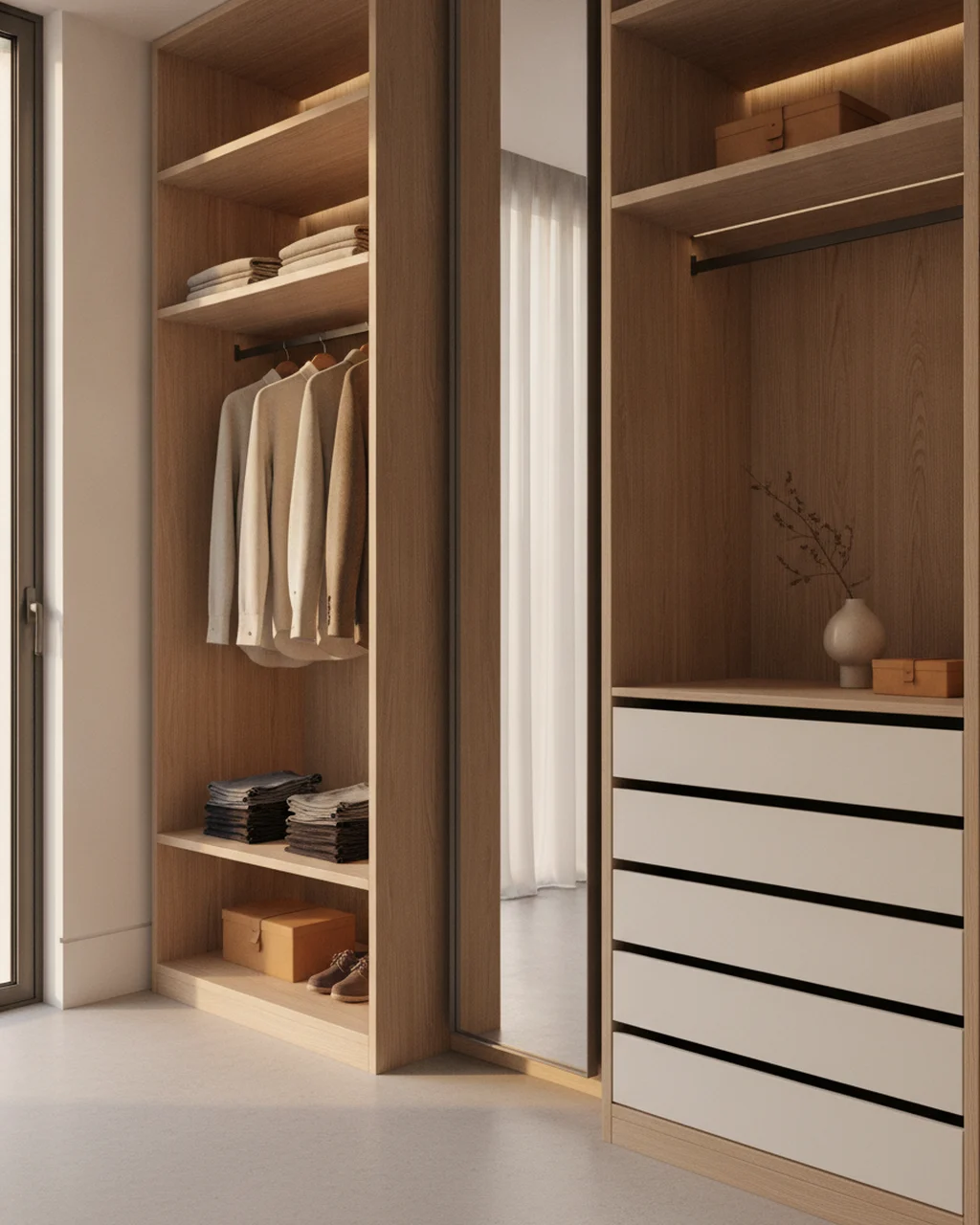 Closet do casal aproveitando a parede do quarto, com prateleiras e cabideiros em carvalho (imagem ilustrativa)