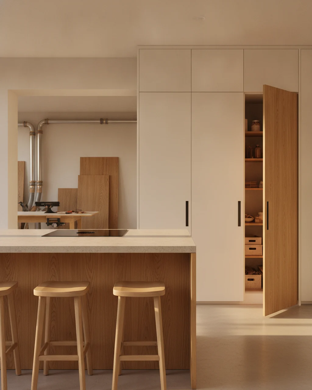 Cozinha com ilha, cooktop e banquetas, em carvalho e branco (imagem ilustrativa)