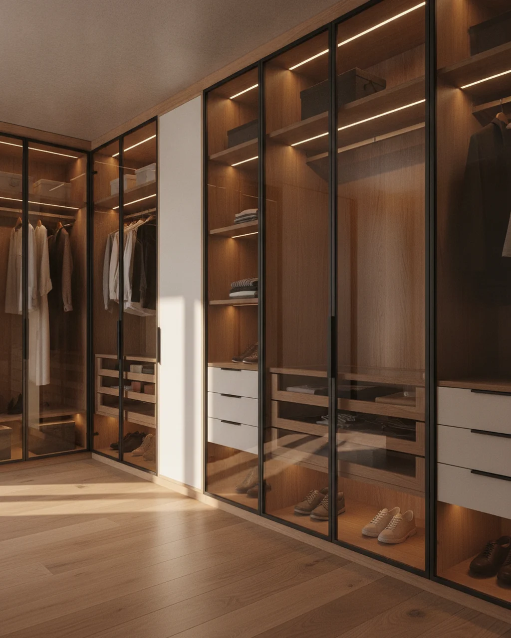 Closet do casal com portas de vidro fumê e iluminação interna (imagem ilustrativa)