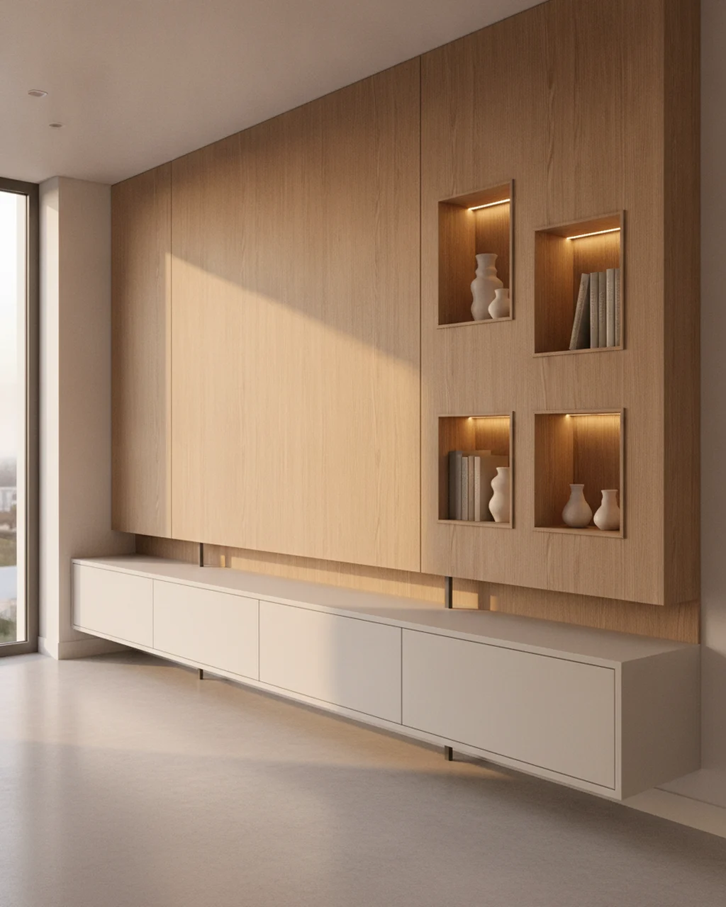 Painel de TV com rack suspenso e nichos iluminados pros livros (imagem ilustrativa)
