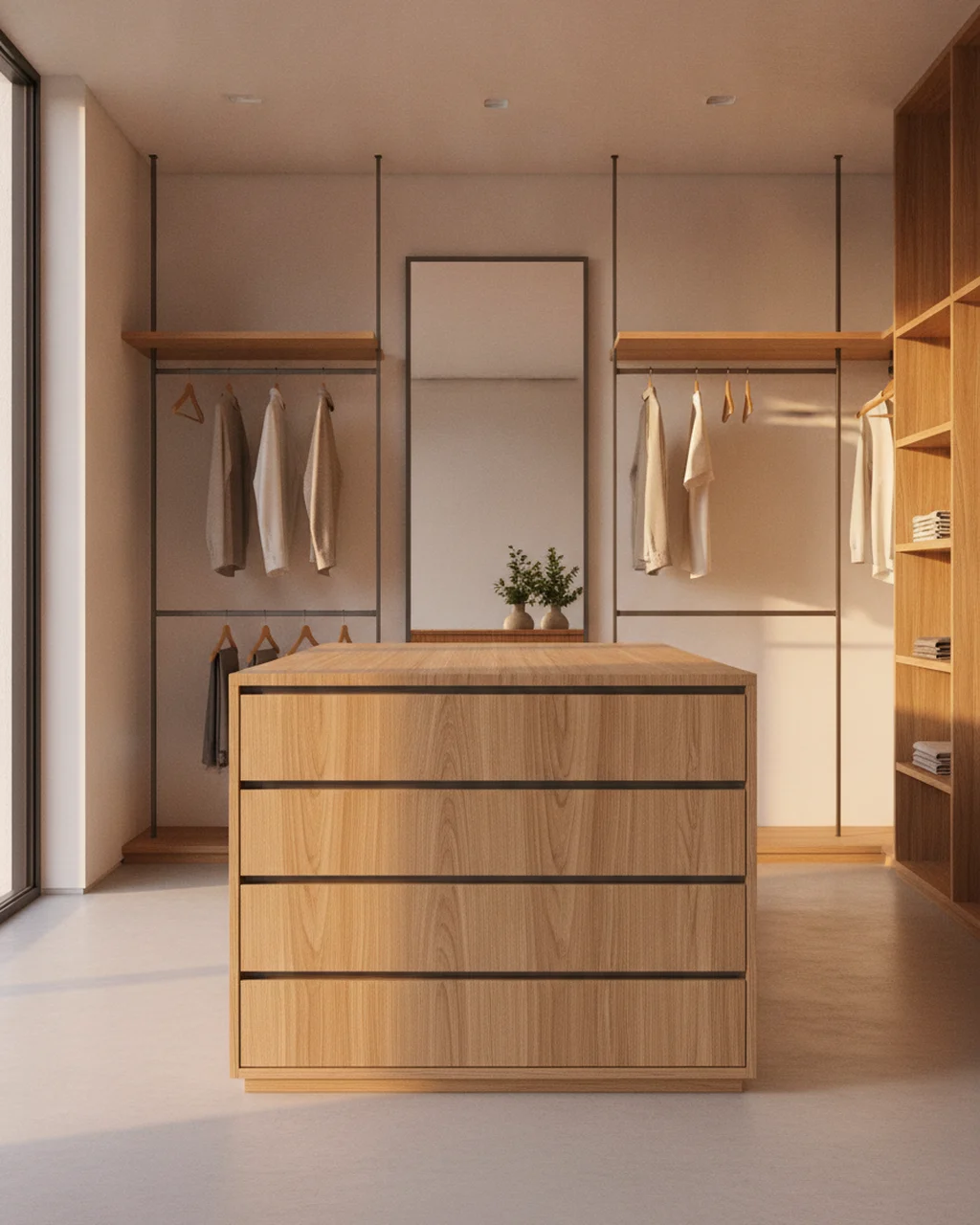 Closet aberto com ilha de gavetas no meio e espelho de corpo inteiro (imagem ilustrativa)