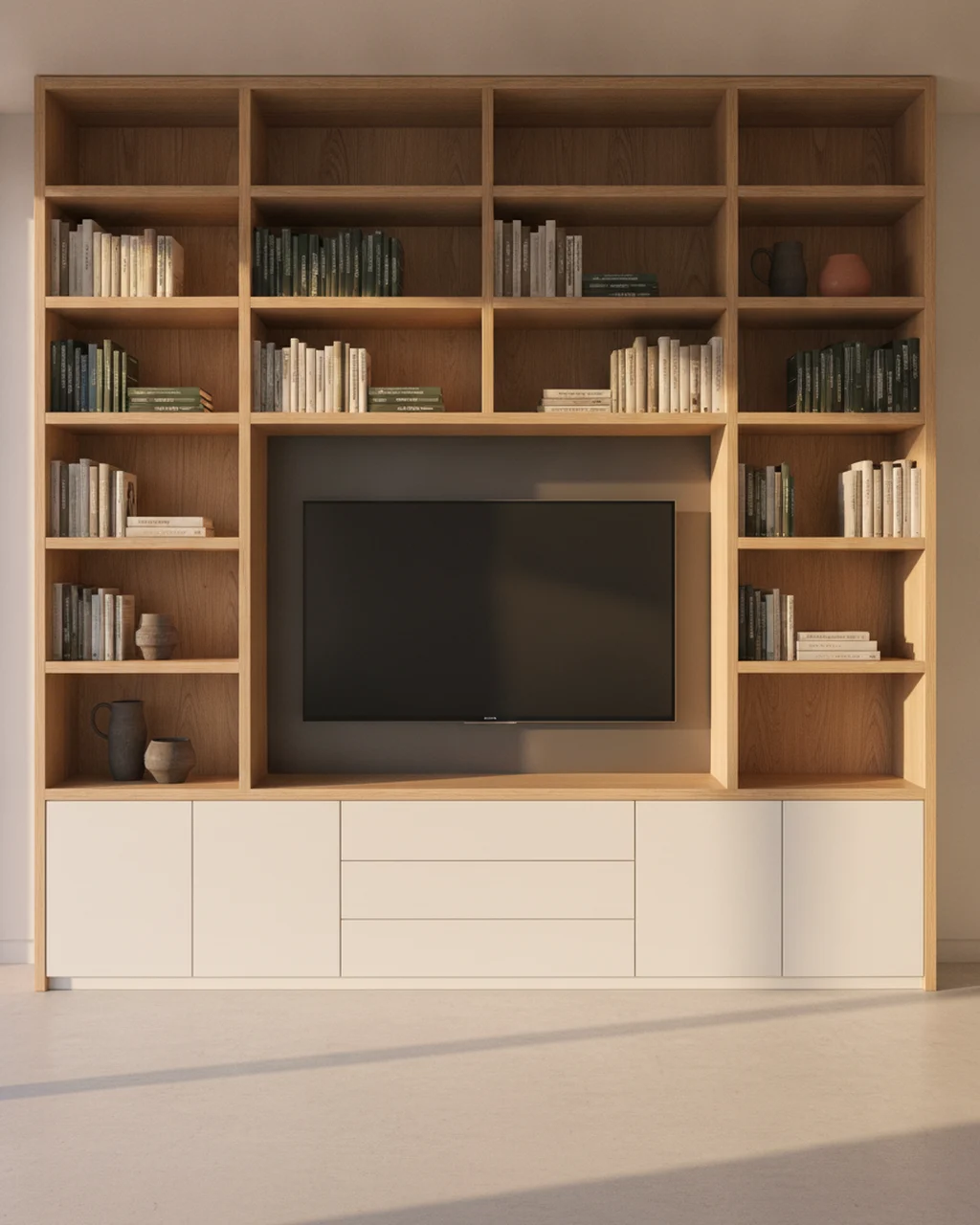 Estante de sala do piso ao teto em carvalho e branco, com a TV embutida (imagem ilustrativa)